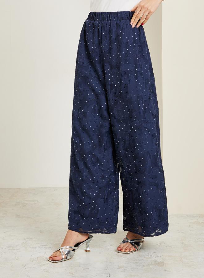 Styli Navy Studded Jacquard Kimono and Pants Co-ords - Image 3